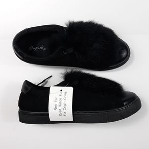 Qupid Women's Size 7 Black Lace Up Low Top Sneakers Shoes Fur Flap